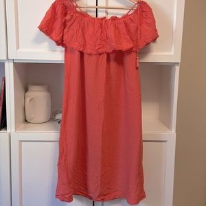 Suncoo Paris. Coral, off shoulder dress.